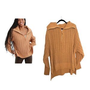 Aerie Cable Car Knit Quarter Zip Camel Brown Oversized Sweater Size Medium